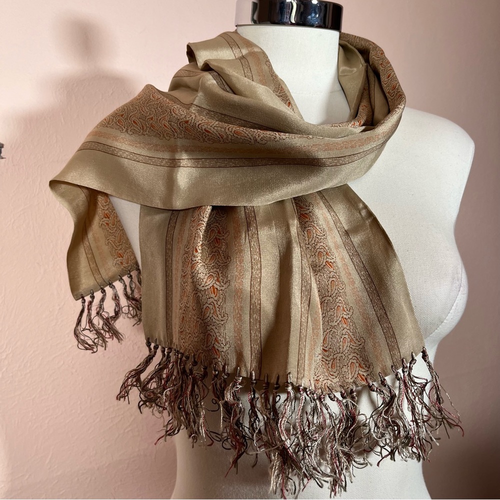 Vintage 1970 art Deco mod Copper Orange paisley Camel Fringe satin Scarf cravat